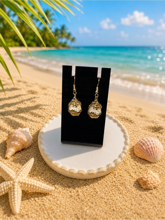 By Toni Jewelry - Gold Pearl Shell Drop Earrings - Beach-Inspired Women’s Jewelry